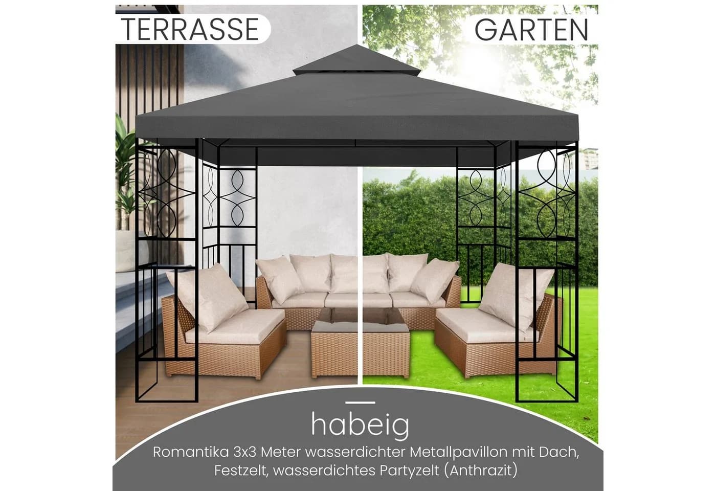habeig Pavillon Romantika 3x3m Wasserdicht Metall Anthrazit - Bild 5
