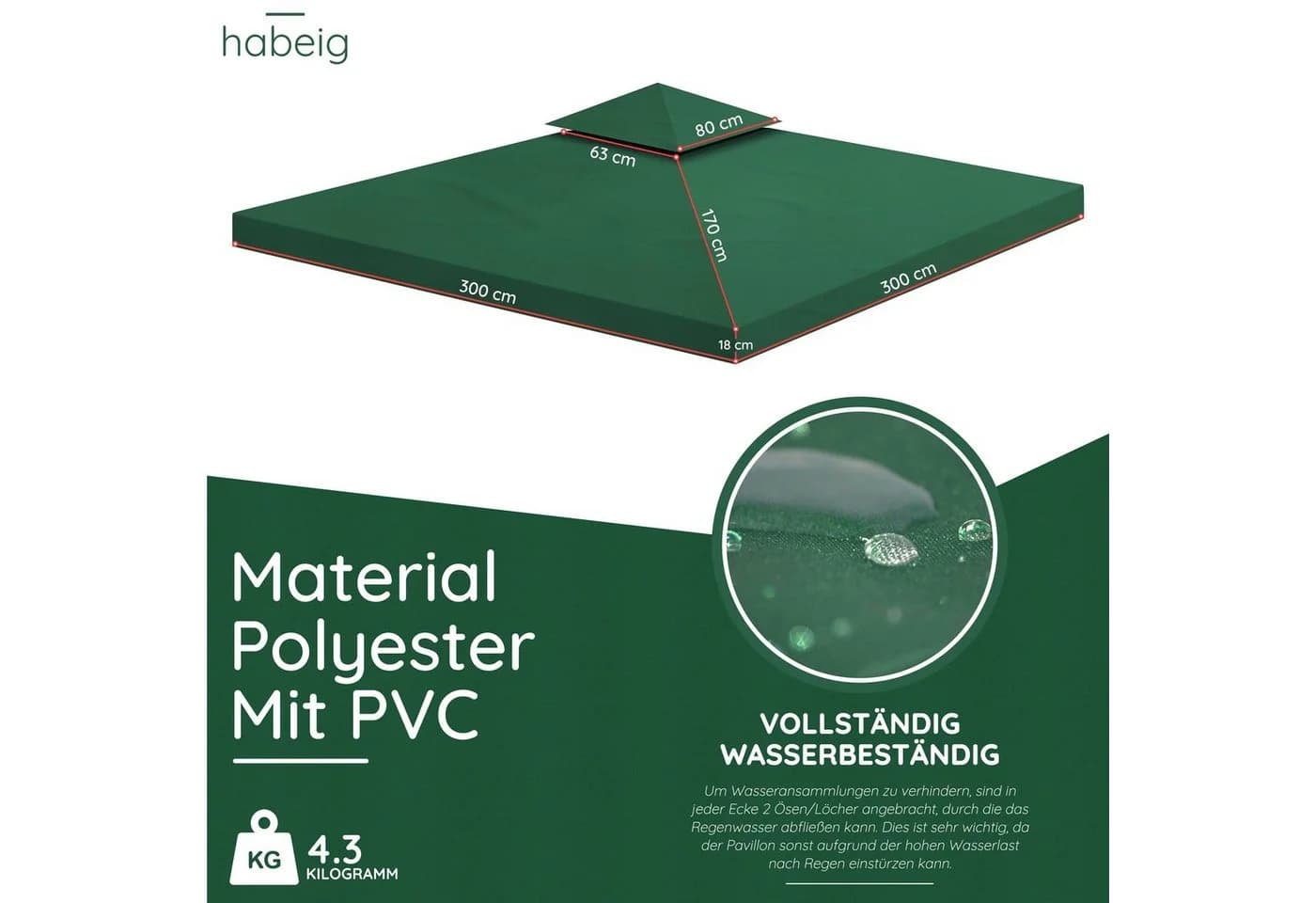 habeig Pavillon-Ersatzdach 3x3m Grün PVC Wasserdicht - Bild 2