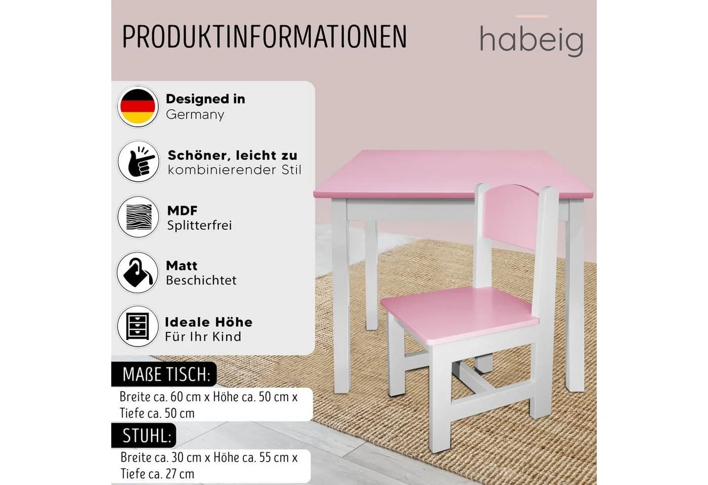 habeig Kindersitzgruppe mit Tisch und 2 Stühlen Rosa/Weiss - Bild 3