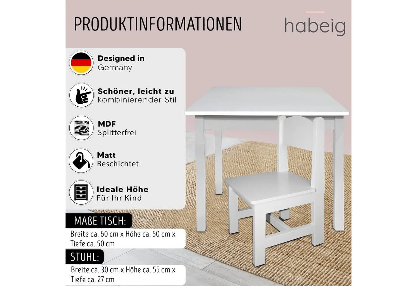 habeig Kindersitzgruppe Tisch & 2 Stühle Weiß Modern - Bild 3
