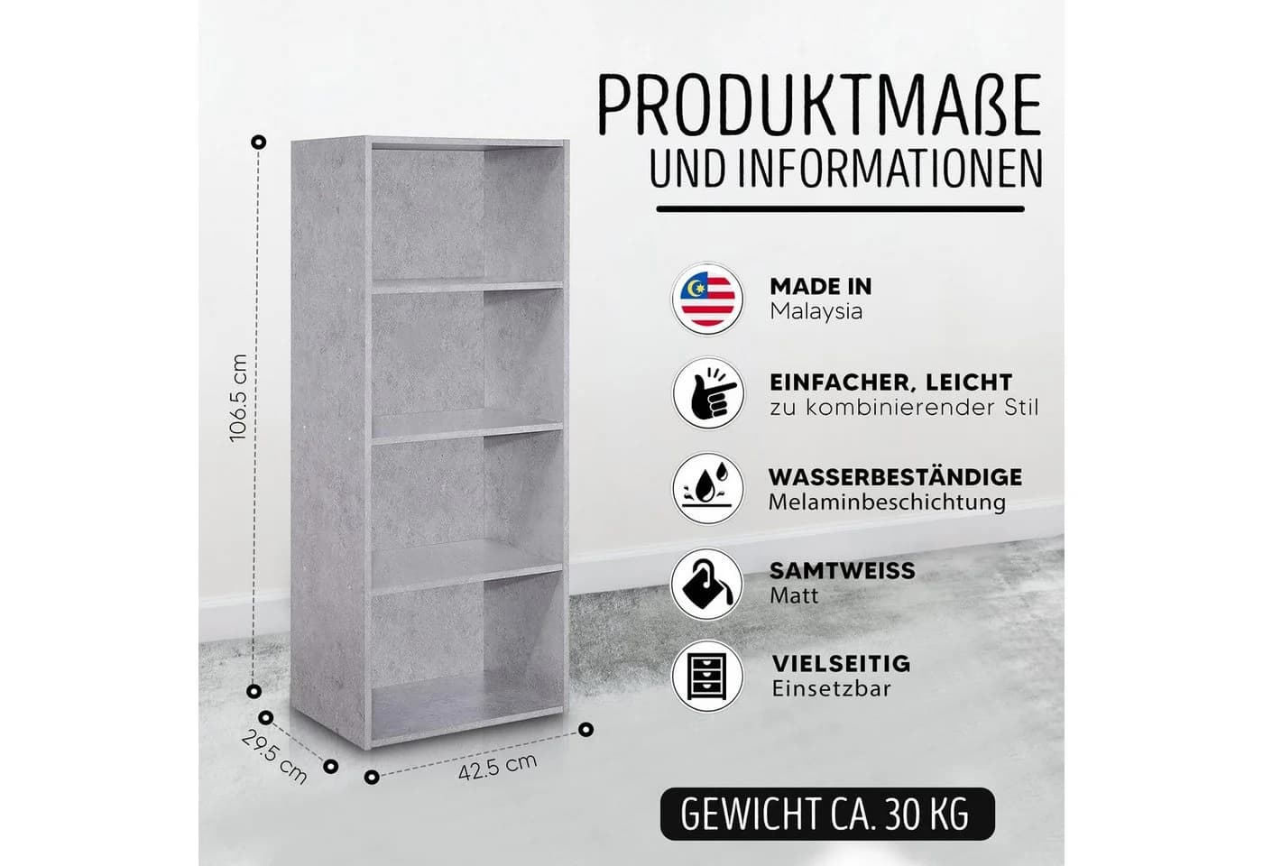 habeig Bücherregal Tube Grau 4 Fächer Standregal - Bild 3