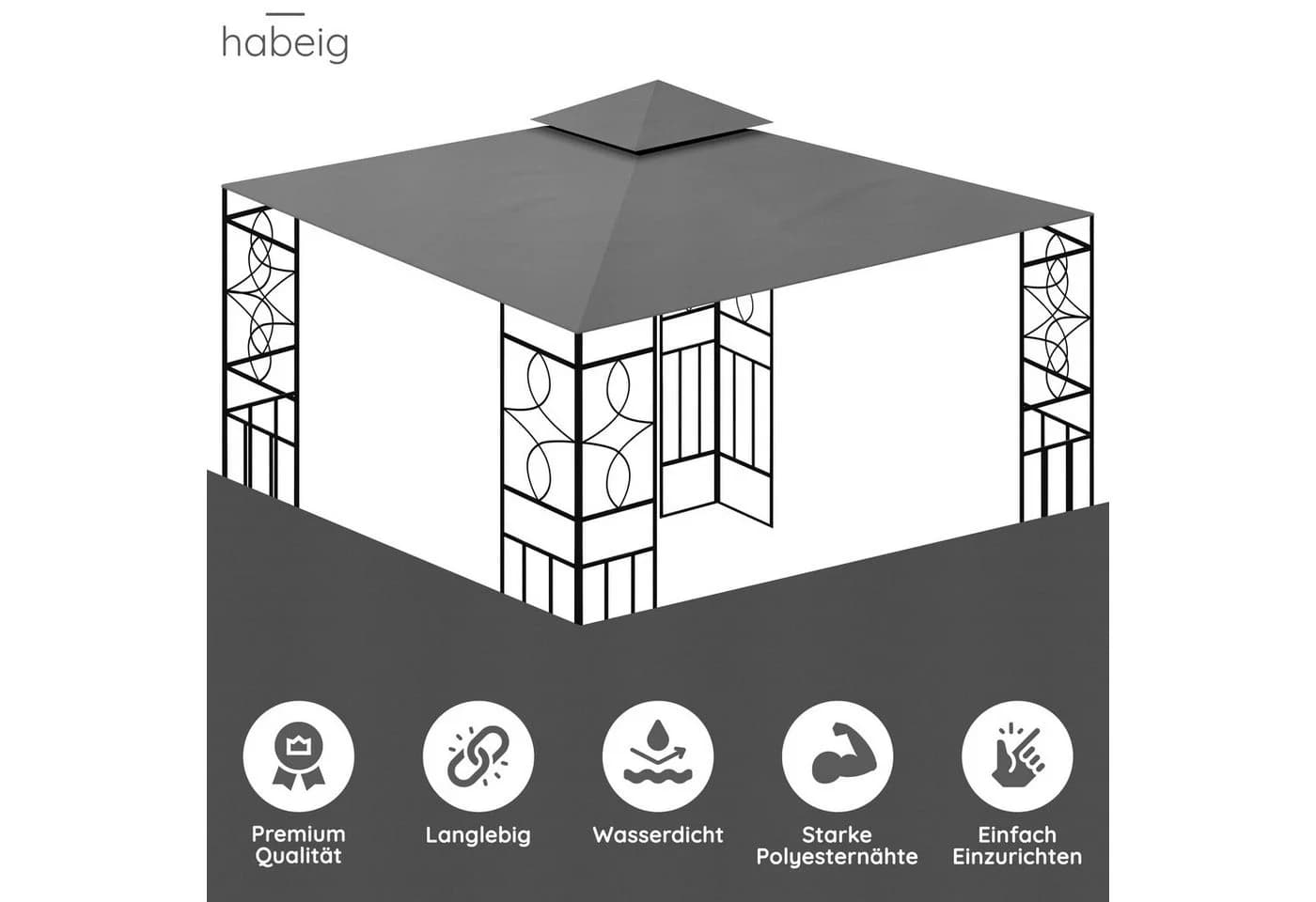 habeig Pavillon-Ersatzdach Anthrazit PVC Wasserdicht 300x300cm - Bild 3