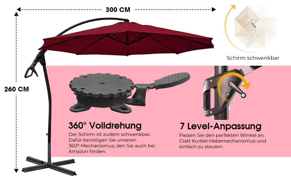 habeig Ampelschirm 3m Wasserdicht PVC Bordeaux - Bild 5