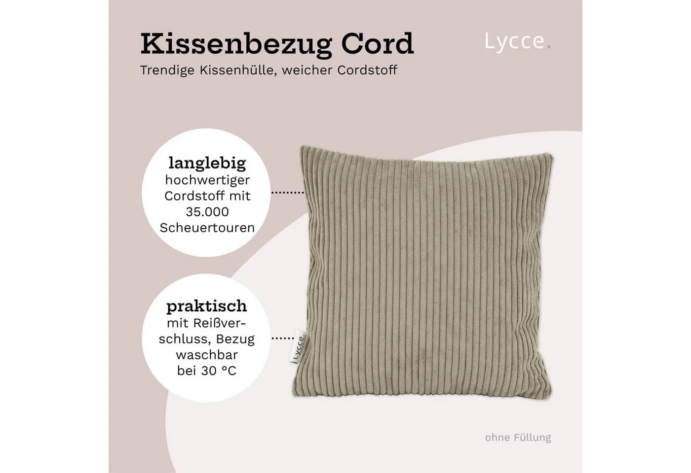Lycce Dekokissen Kissenbezug Cordstoff Taupe 40x40cm - Bild 3