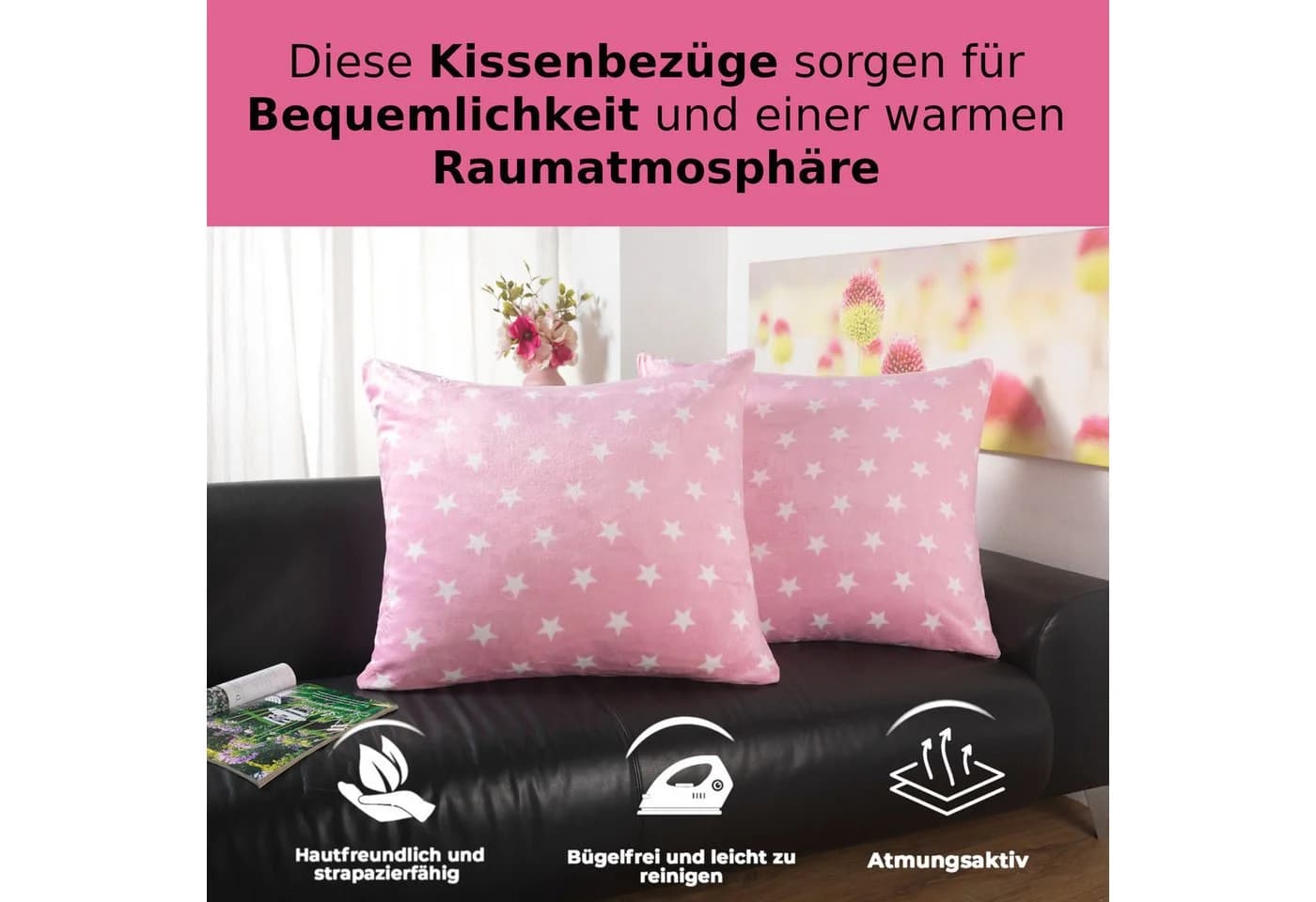 Malika Kissenbezug Cashmere-Touch Rosa Sterne-Muster 2er-Pack - Bild 3