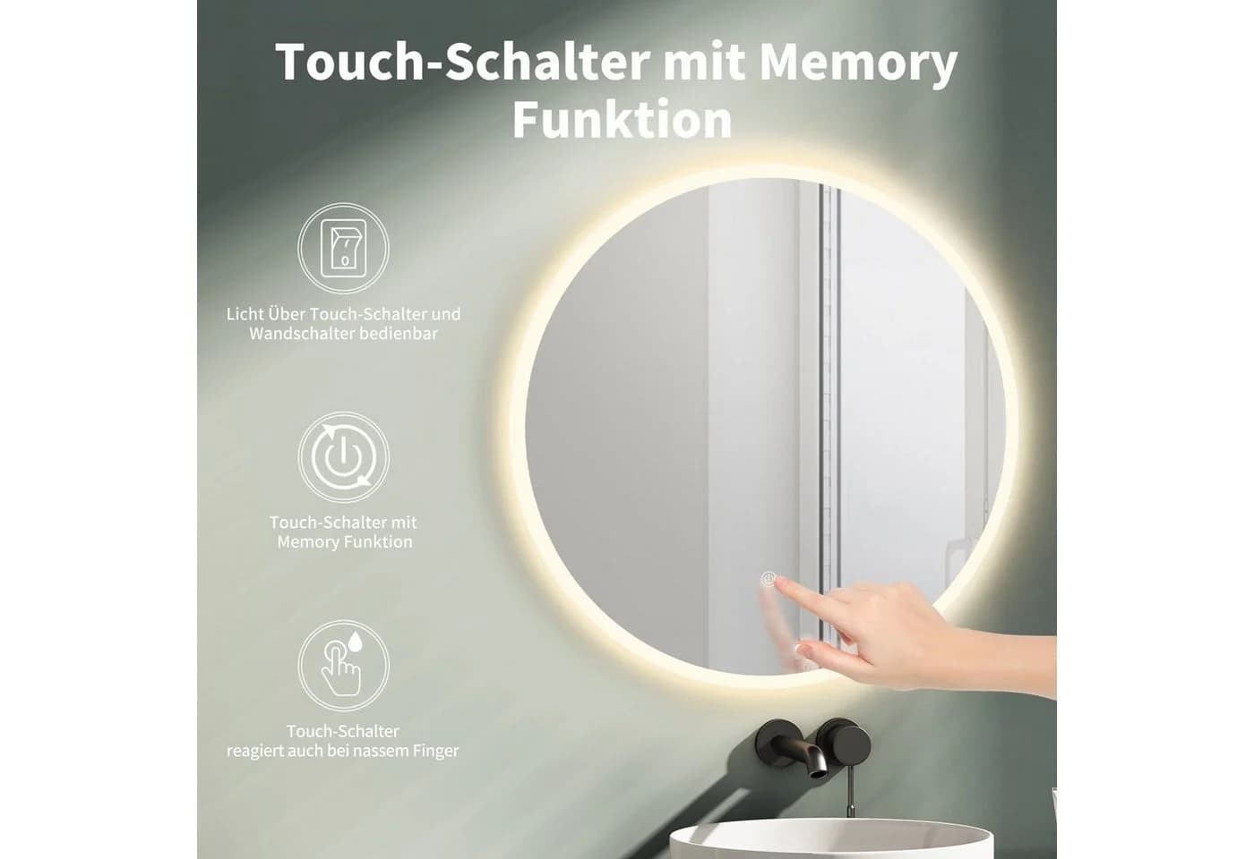 HOKO LED Badspiegel Schwarz Rund mit Beleuchtung Touch - Bild 3