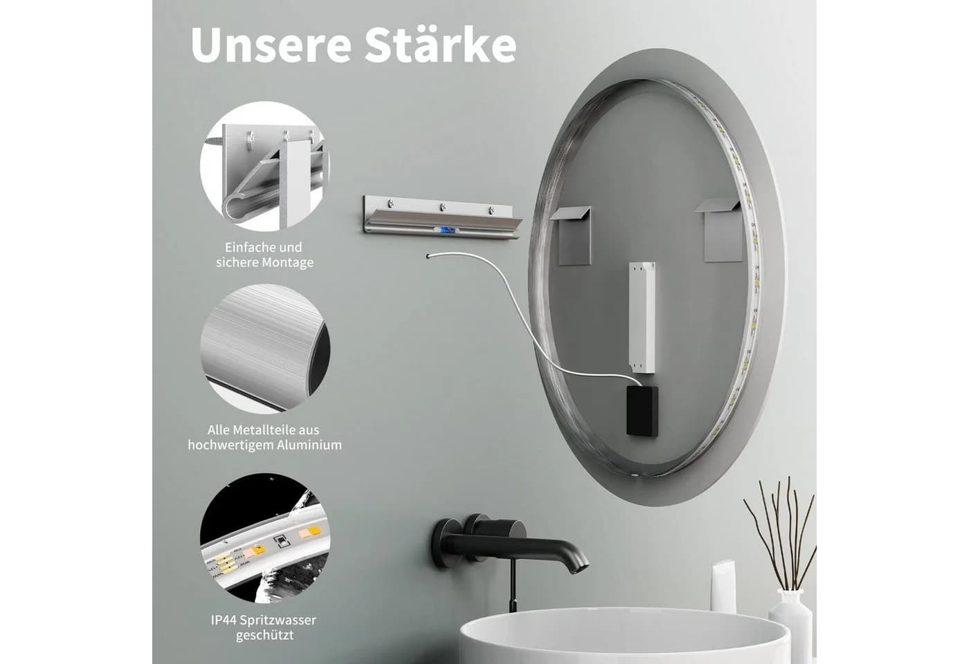HOKO LED Badspiegel Schwarz Rund mit Beleuchtung Touch - Bild 5
