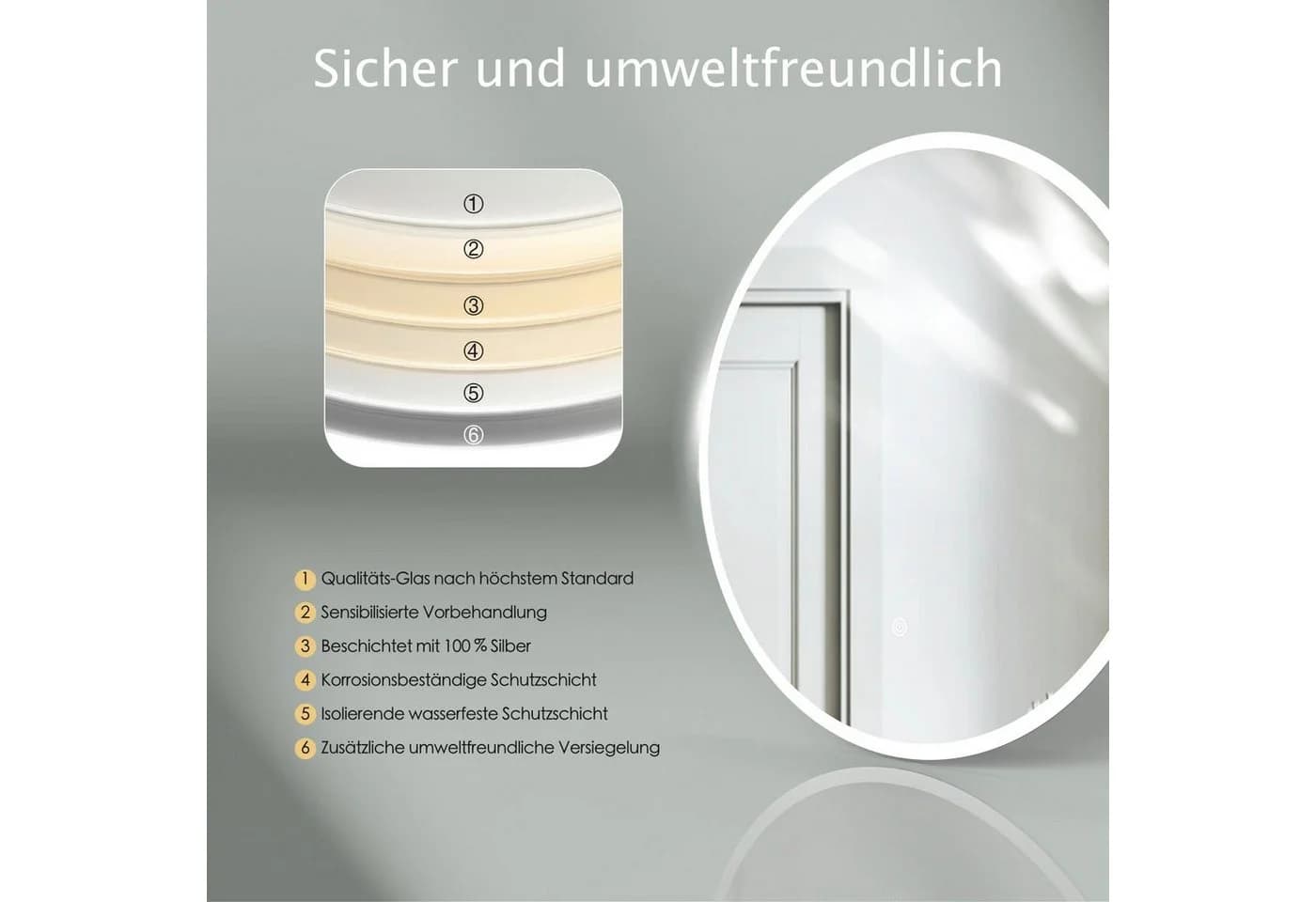 HOKO Badspiegel LED Design Wandspiegel 50x70/60x80cm+Digital Uhr+LED Wechsel - Bild 4