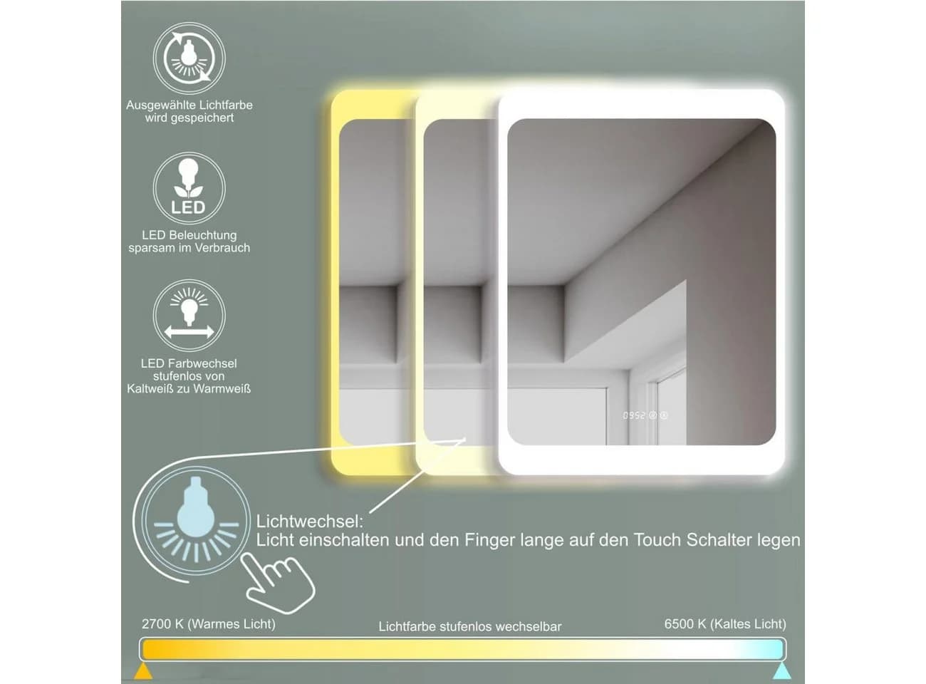 HOKO Badspiegel LED Antibeschlag Wandspiegel 50x70/60x80cm+Digital Uhr+LED Wechsel