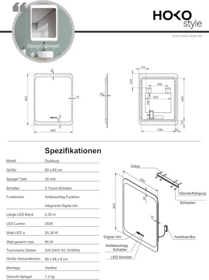 HOKO Badspiegel LED Antibeschlag Wandspiegel 50x70/60x80cm+Digital Uhr+LED Wechsel - Bild 5