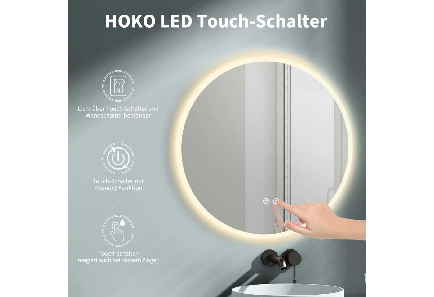 HOKO LED Badspiegel rund mit Beleuchtung, Anti-Beschlag und Memory-Funktion - Bild 3