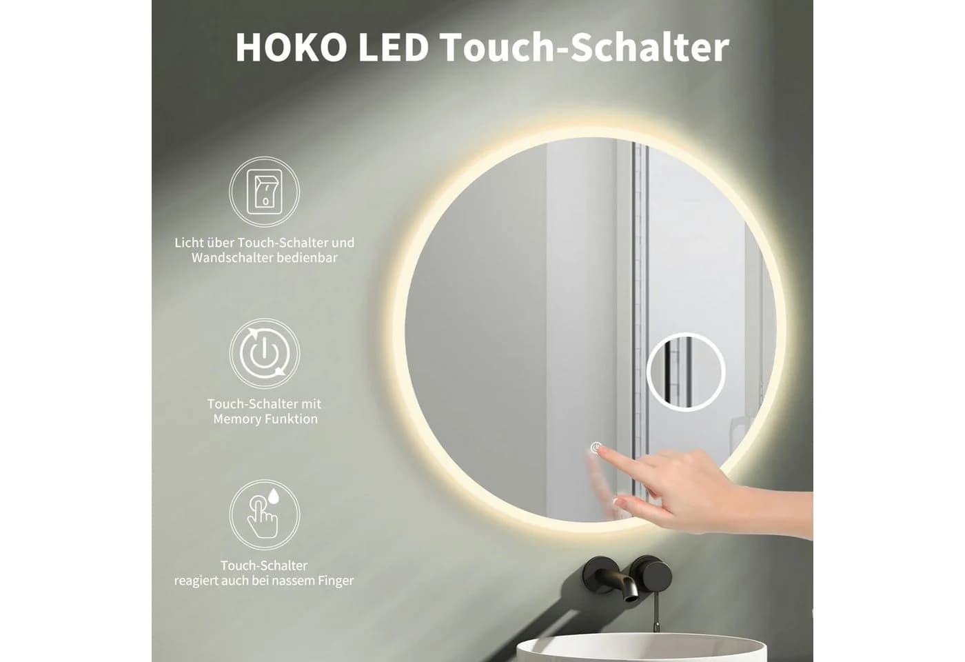 HOKO LED Badspiegel Schwarz Rund 60cm mit Touch-Sensor - Bild 3