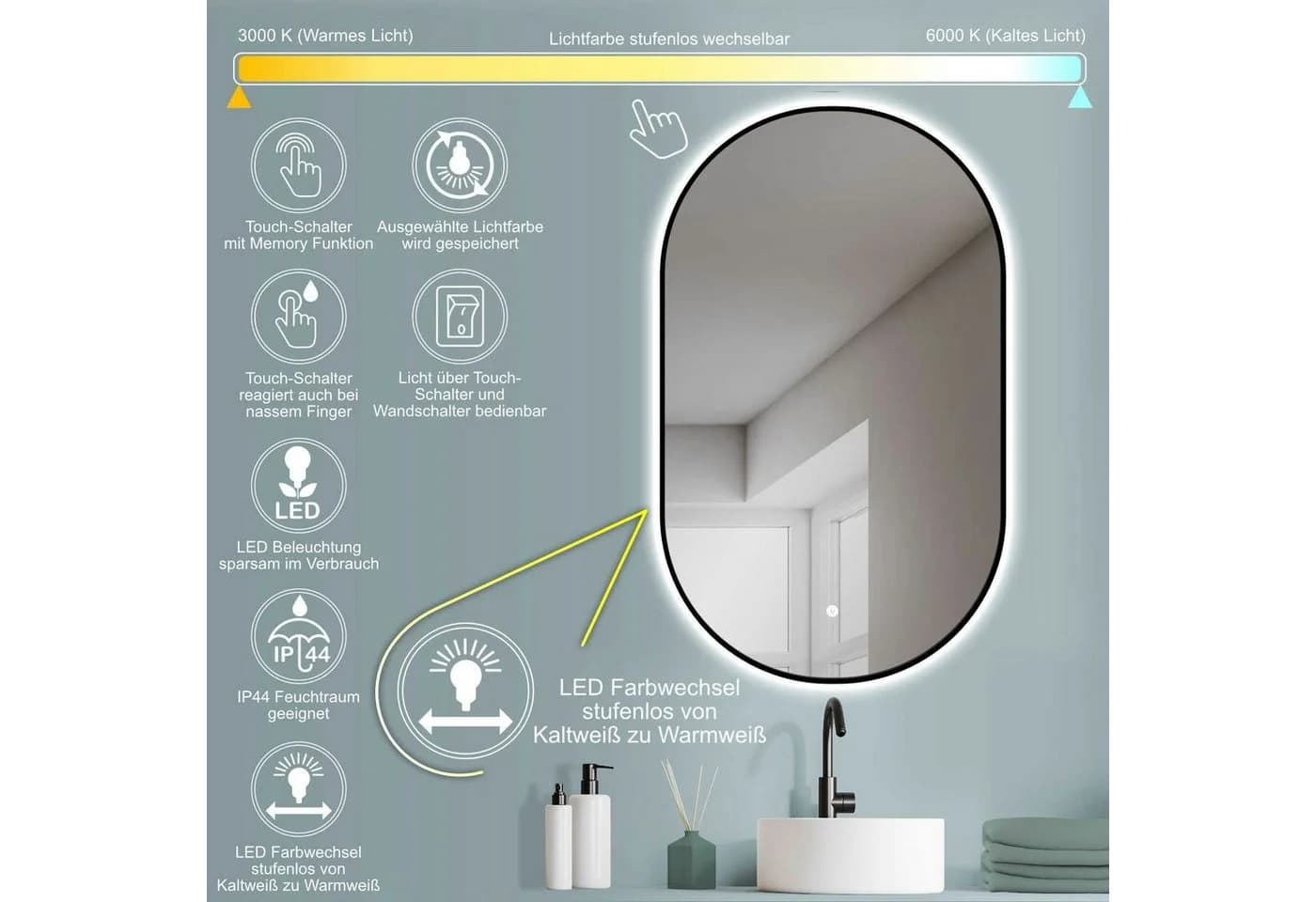 HOKO Badspiegel Oval Schwarz mit LED-Beleuchtung Touch-Sensor - Bild 4