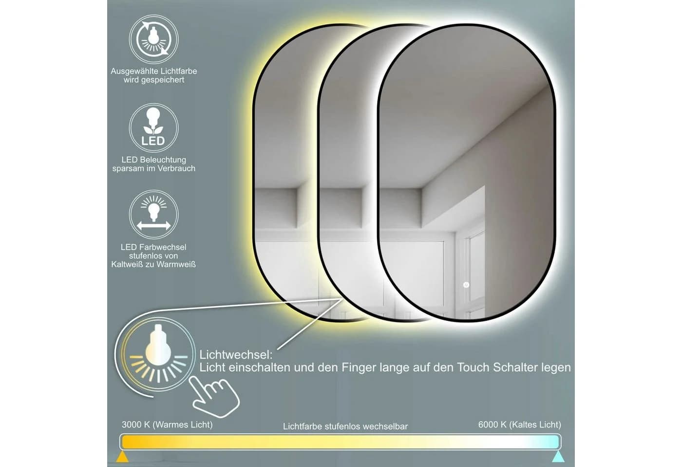 HOKO Badspiegel Oval Schwarz mit LED-Beleuchtung Touch-Sensor - Bild 5