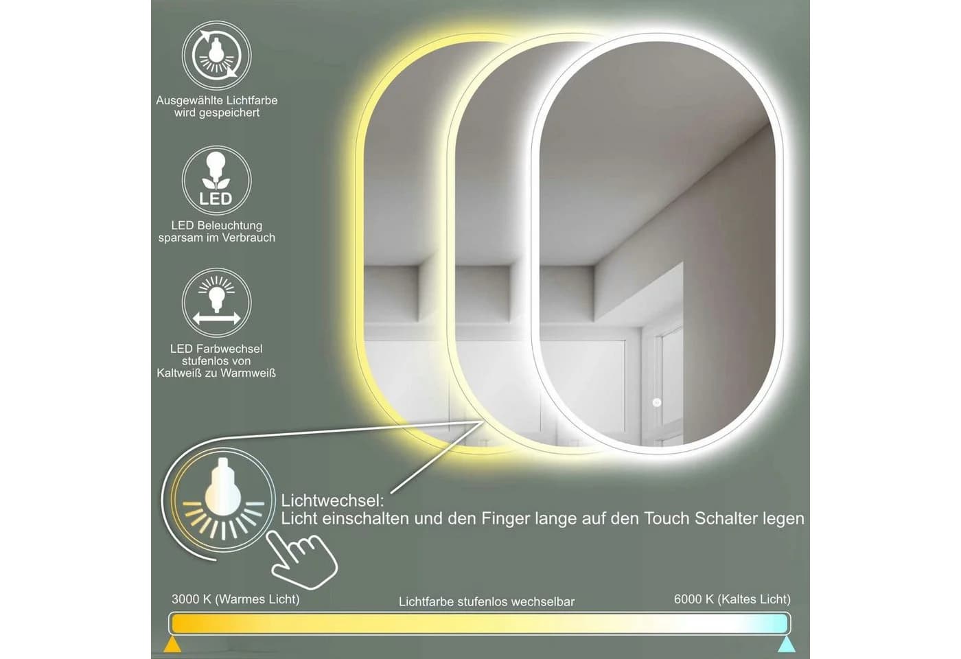 HOKO Badspiegel mit Beleuchtung, Badezimmerspiegel mit Licht - Bild 5