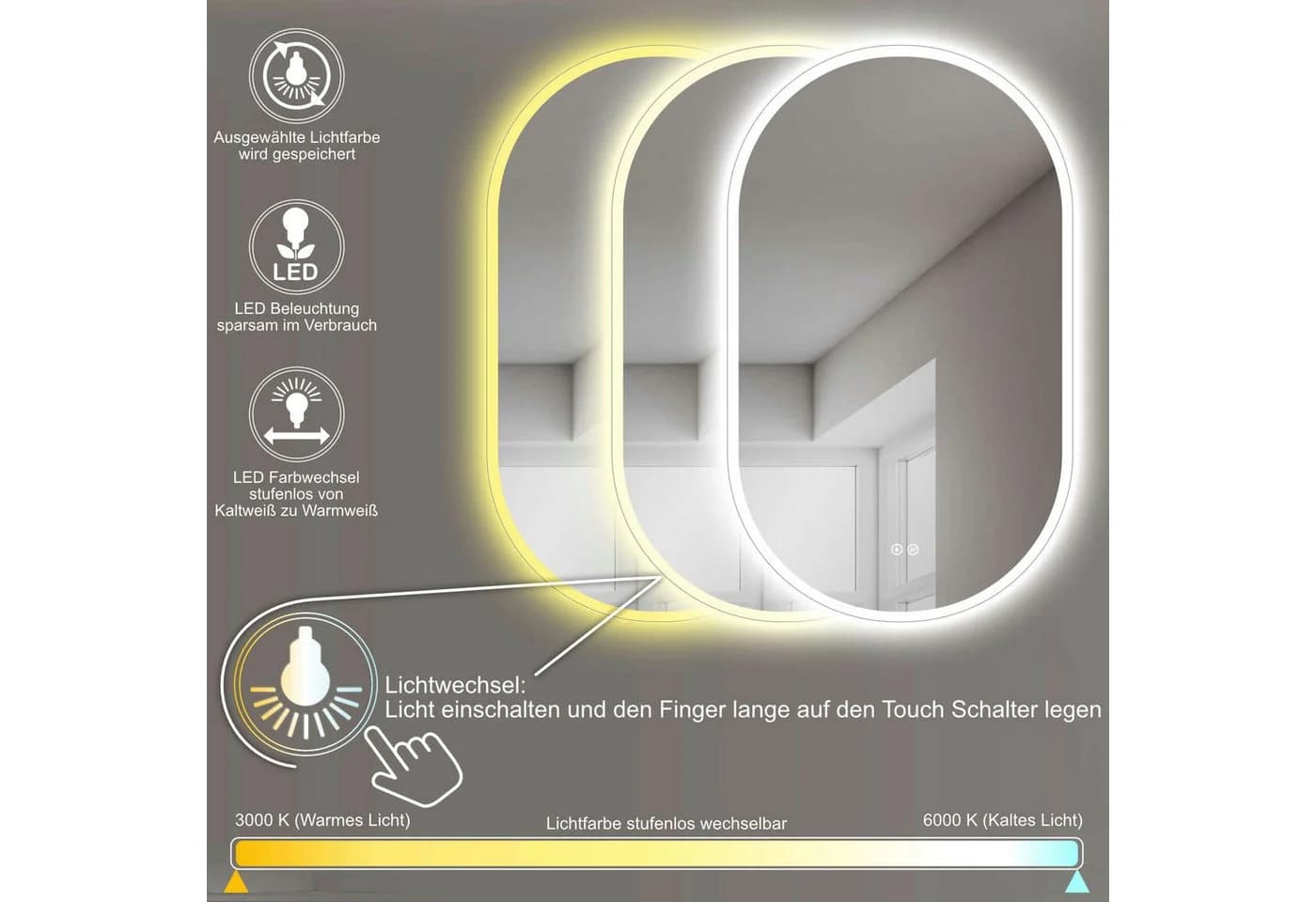 HOKO Badspiegel LED Design Oval Antibeschlag mit Touch-Schalter - Bild 3