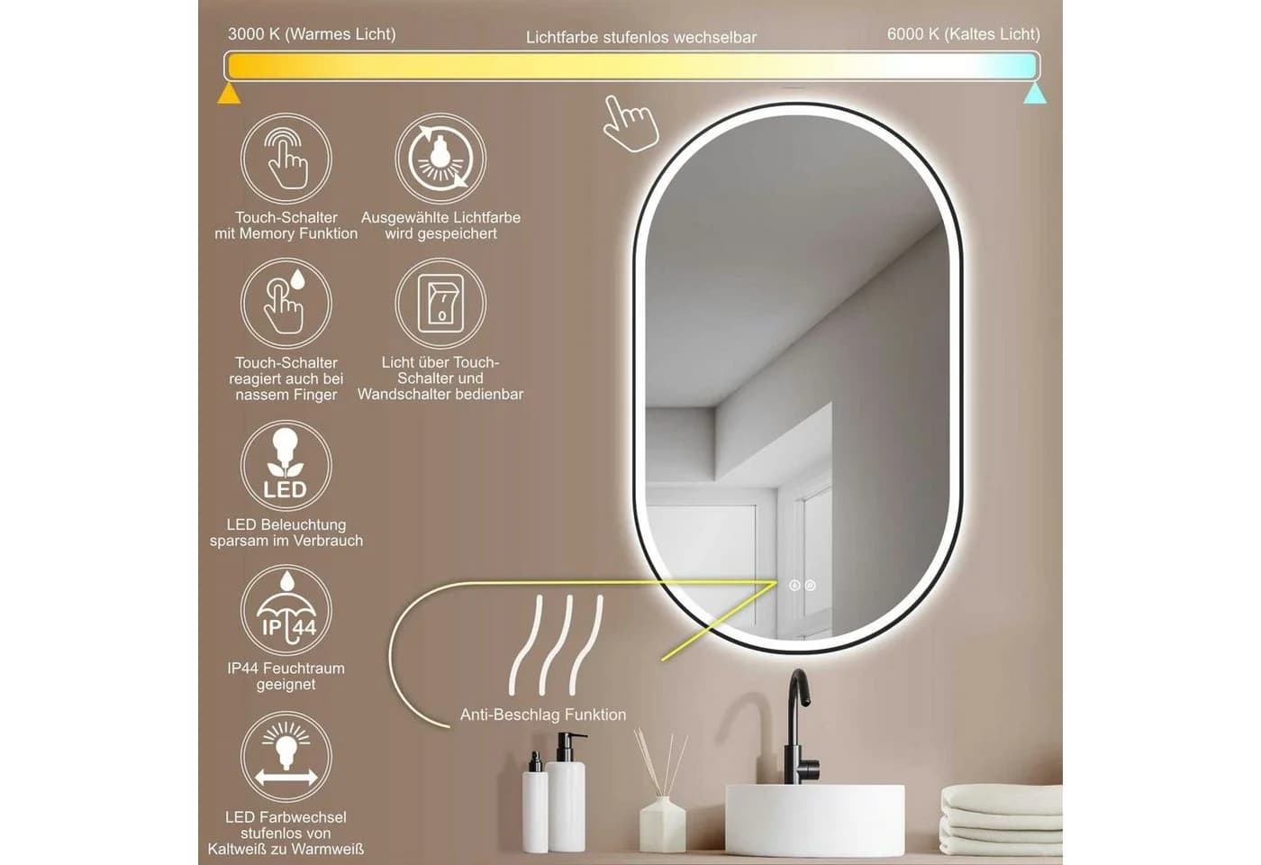 HOKO Badspiegel LED Oval Antibeschlag Touch IP44 HD-Glas - Bild 5