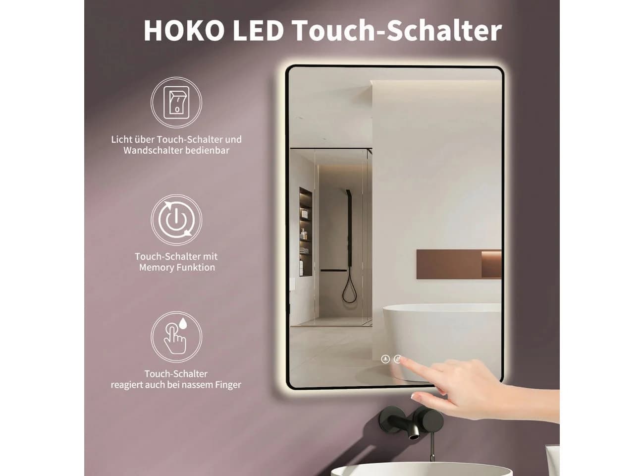 HOKO Badspiegel LED Antibeschlag Touch Schalter Schwarz Metallrahmen - Bild 3