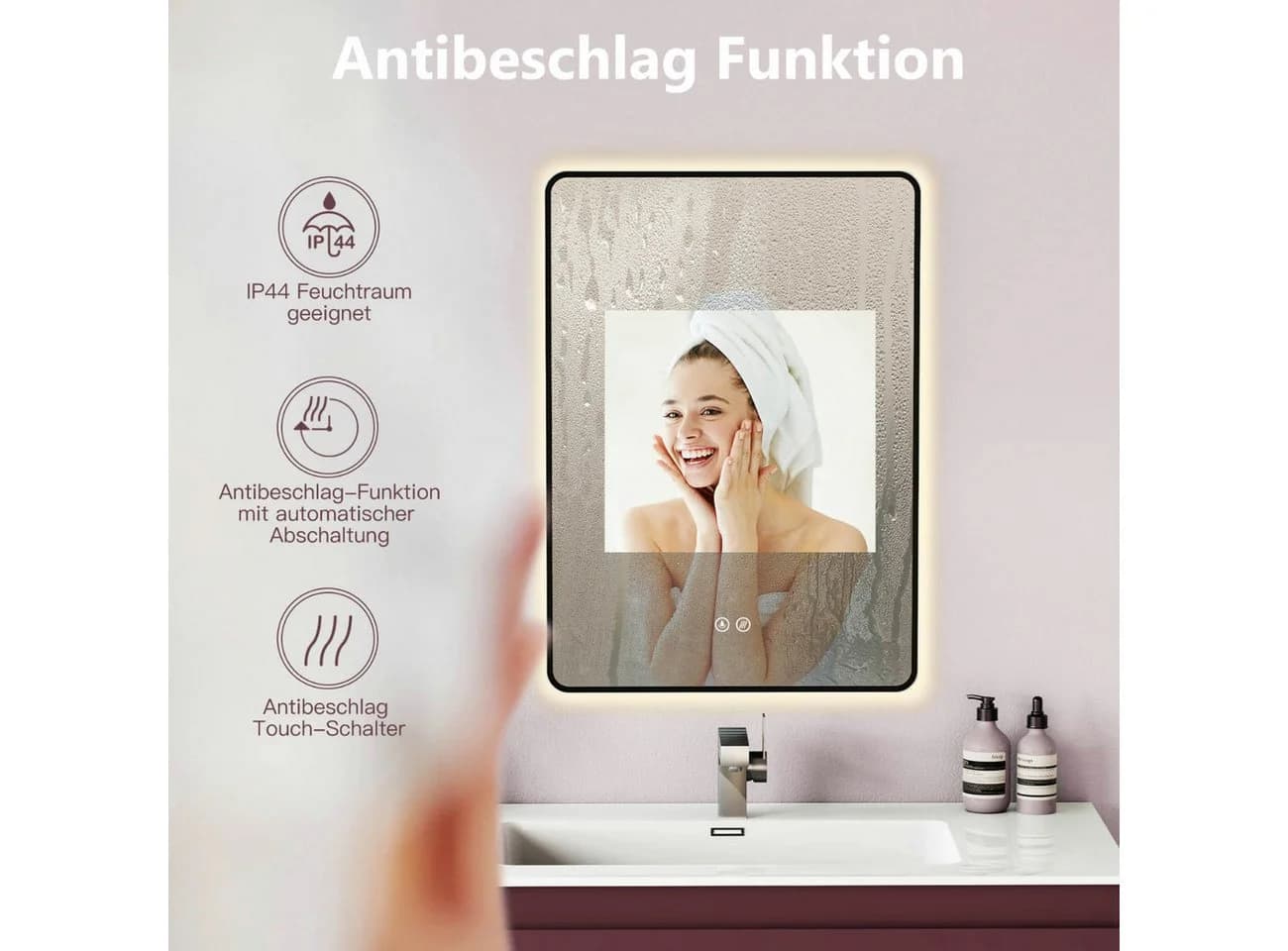 HOKO Badspiegel LED Antibeschlag Touch Schalter Schwarz Metallrahmen - Bild 5
