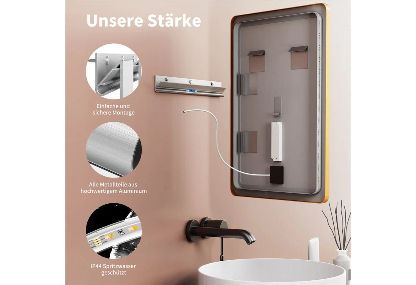 HOKO Badspiegel mit LED-Beleuchtung Schwarz/Gold/Weiß - Bild 5