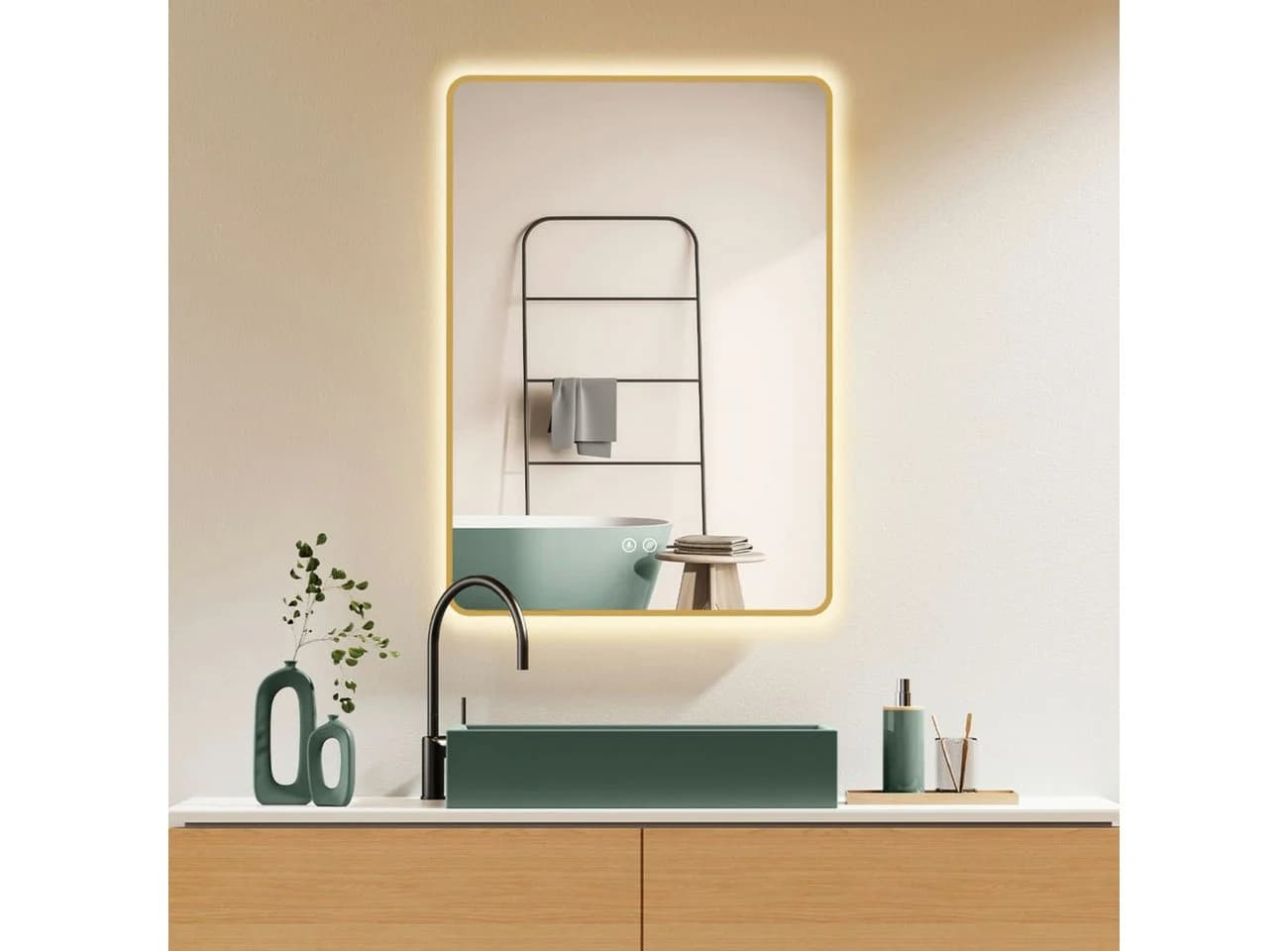 HOKO Badspiegel LED Antibeschlag Gold Metallrahmen Touch Schalter - Bild 2