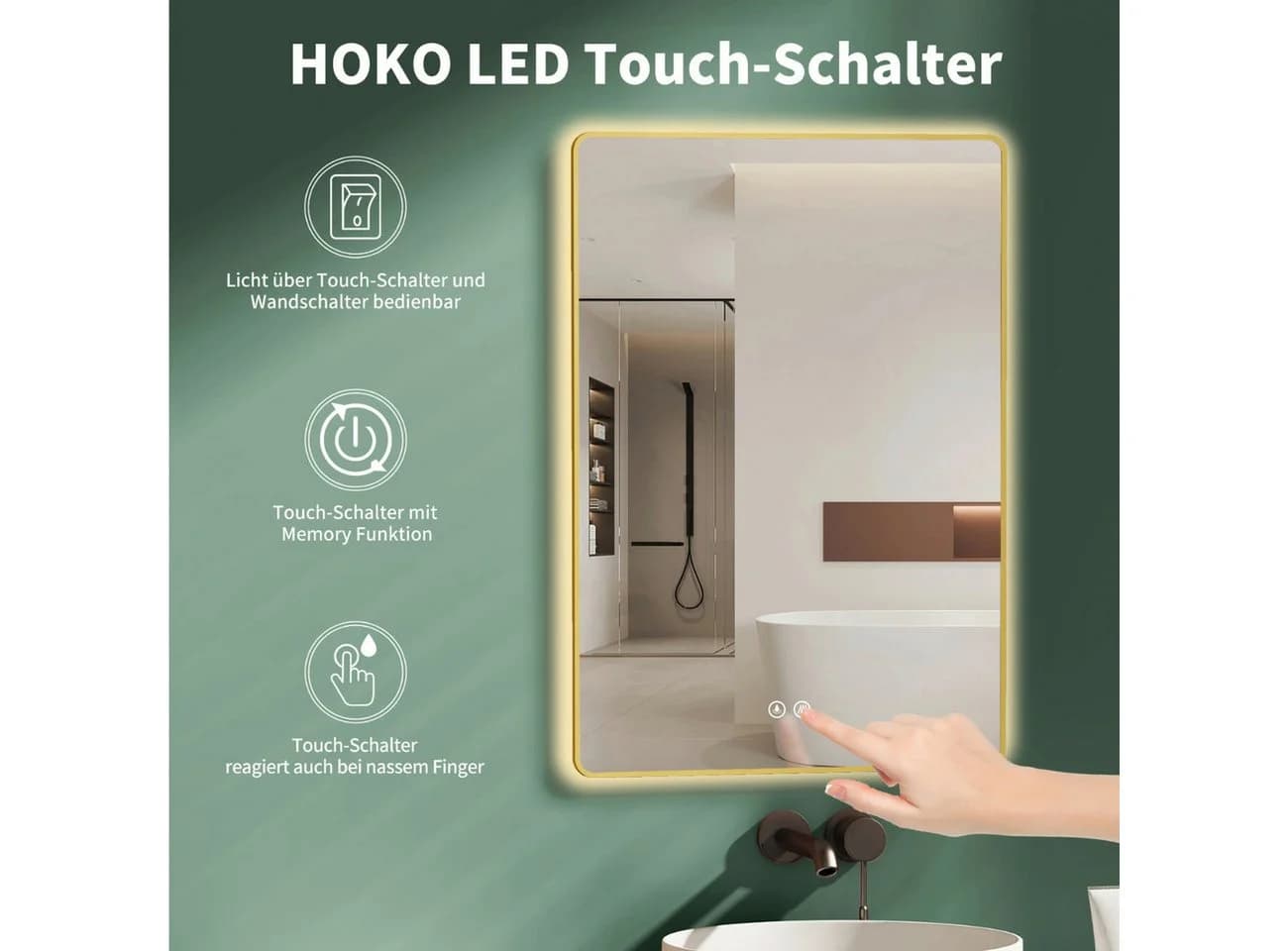 HOKO Badspiegel LED Antibeschlag Gold Metallrahmen Touch Schalter - Bild 3