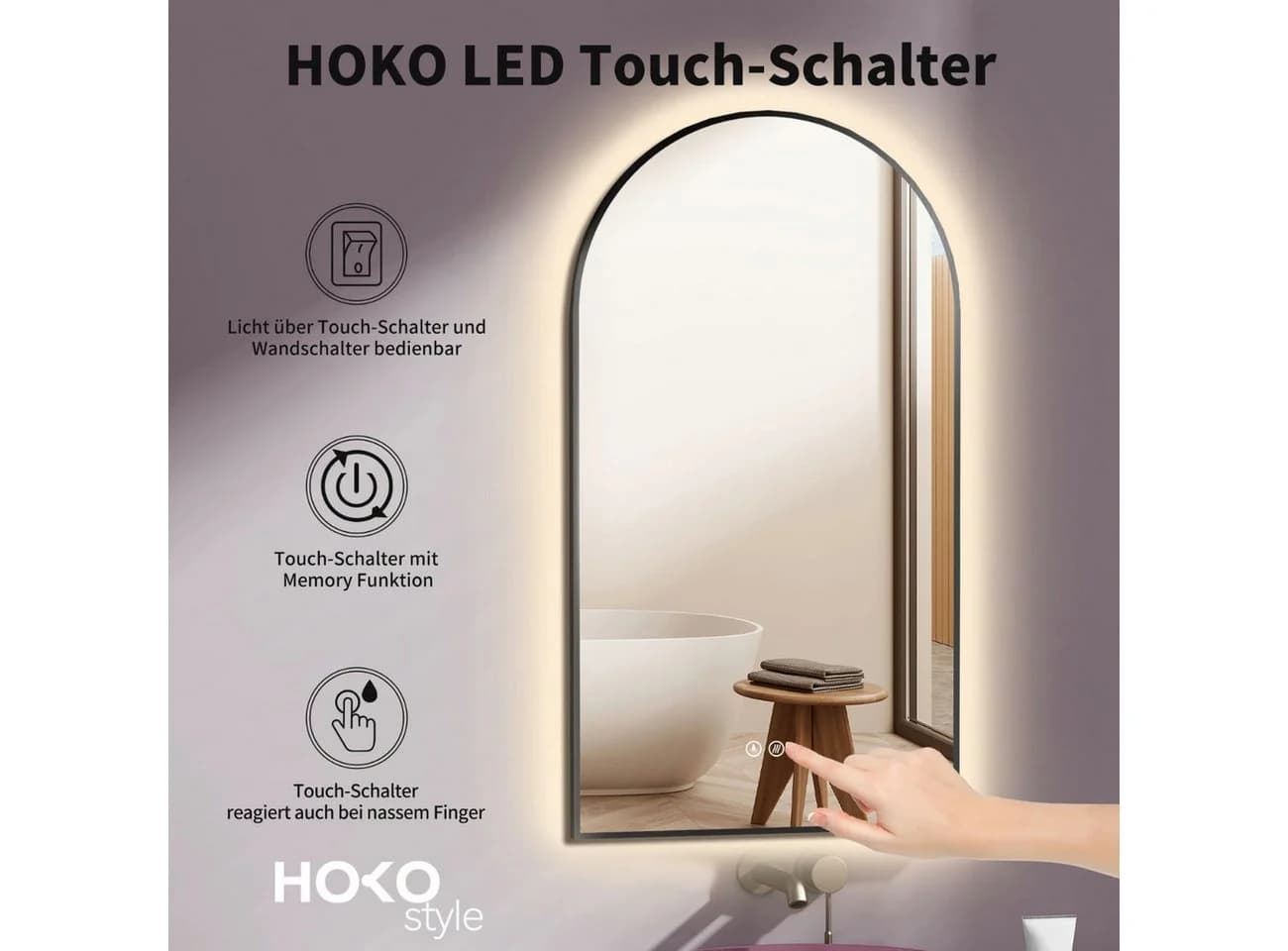 HOKO Badspiegel mit LED-Beleuchtung und Antibeschlag-Funktion Gold/Schwarz - Bild 3