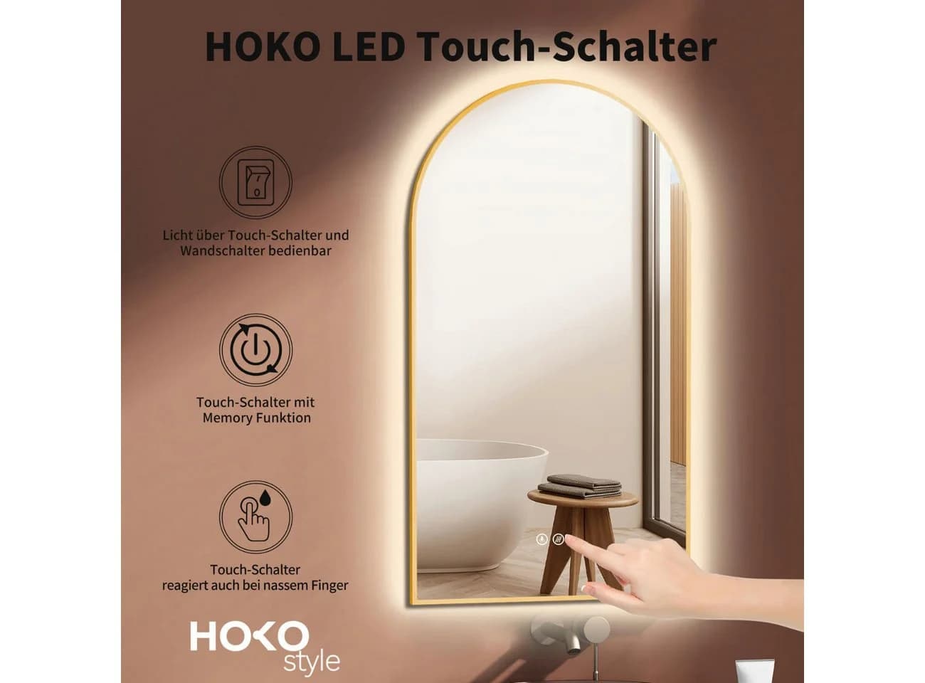 HOKO Badspiegel mit Beleuchtung und Antibeschlag Gold/Schwarz - Bild 3