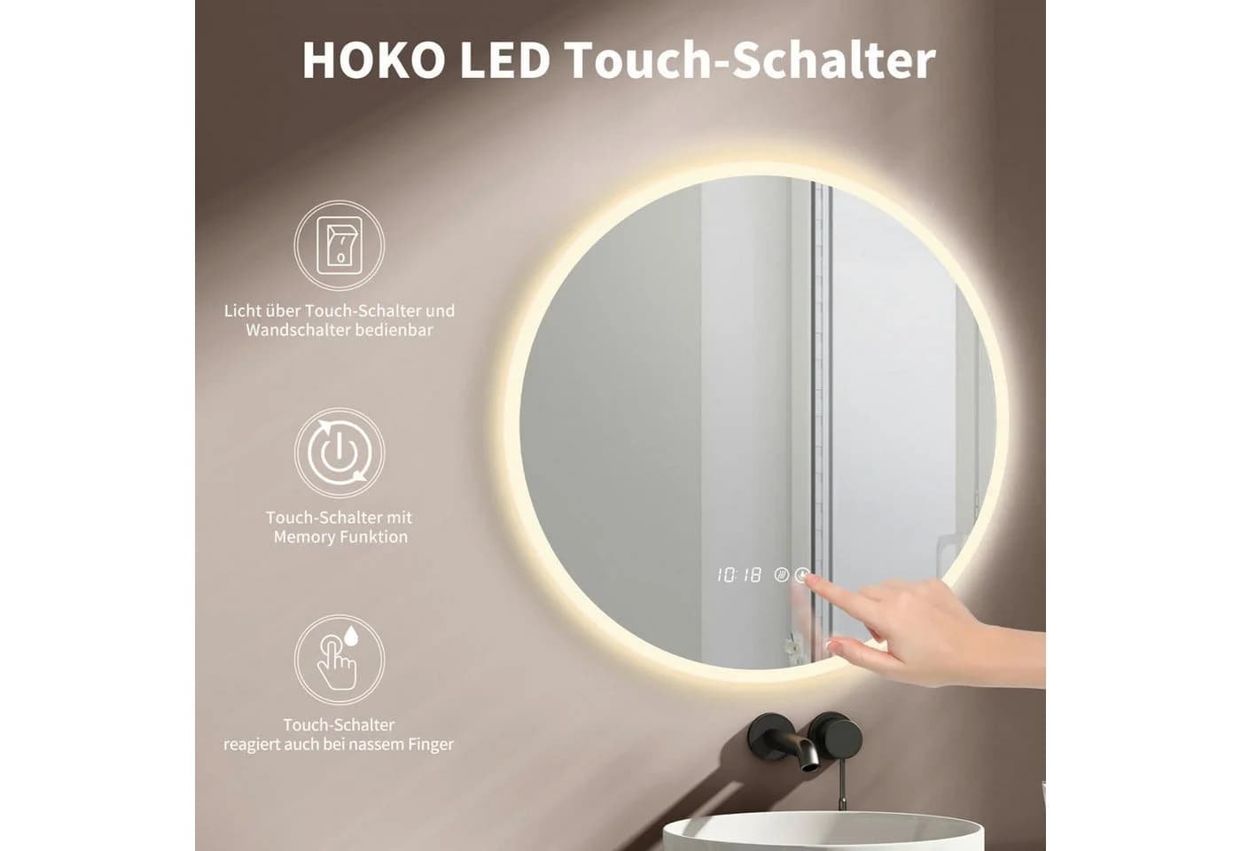 HOKO LED Badspiegel rund mit Antibeschlag & Touch-Schwarz Aluminium - Bild 3