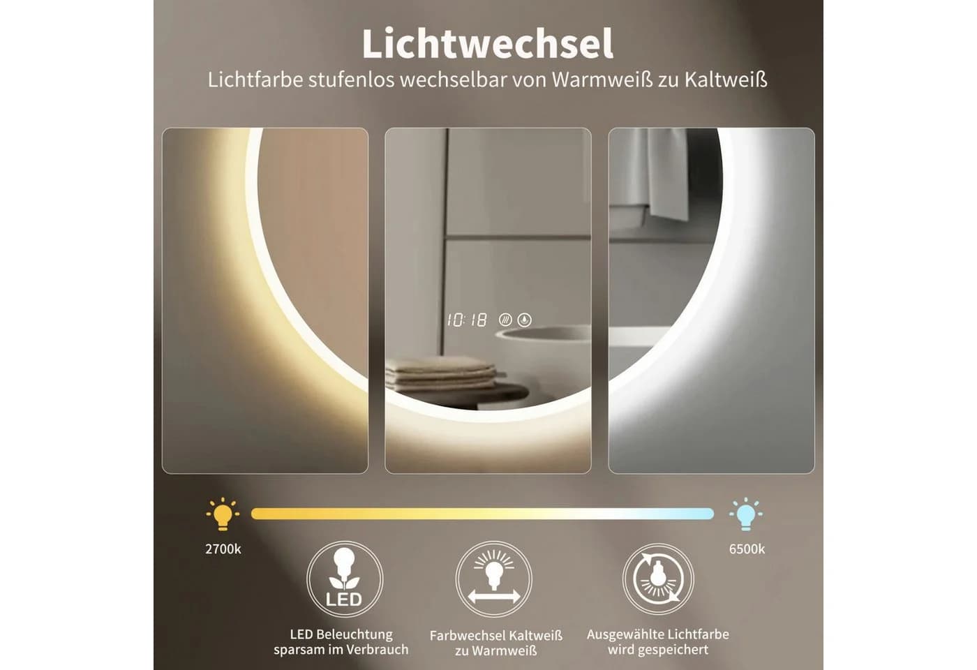 HOKO LED Badspiegel rund mit Antibeschlag & Touch-Schwarz Aluminium - Bild 4
