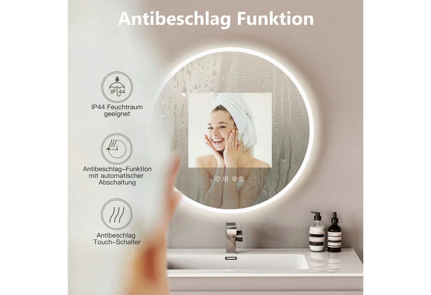 HOKO LED Badspiegel rund mit Antibeschlag & Touch-Schwarz Aluminium - Bild 5