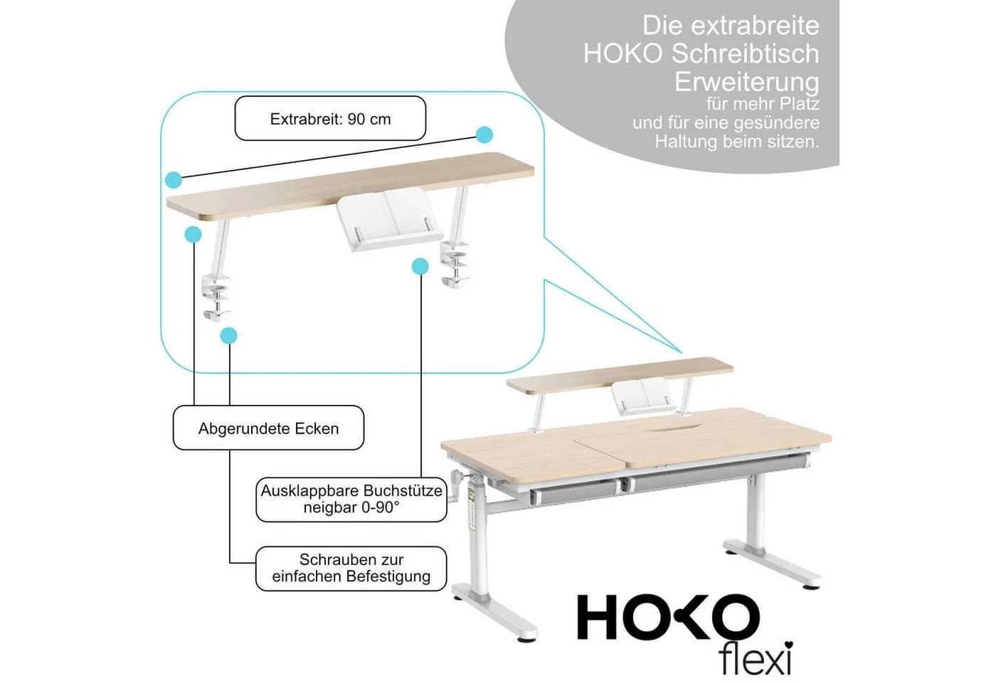 HOKO Kinderschreibtisch Aufsatz Weiß Ergonomisch - Bild 3