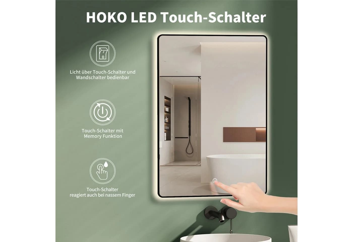 HOKO Badspiegel mit Beleuchtung Schwarz/Gold/Weiß Touch-Schalter - Bild 3