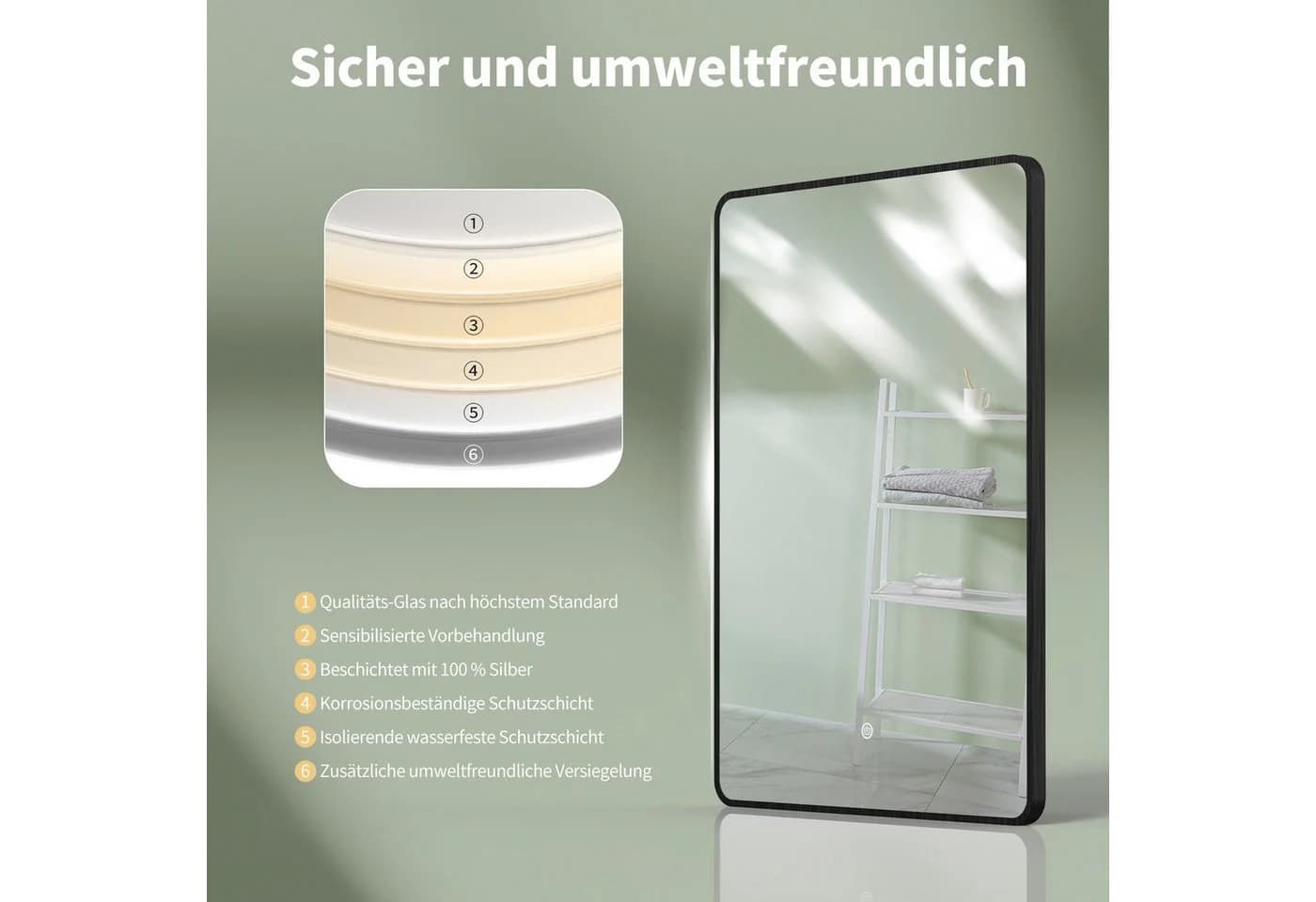HOKO Badspiegel mit Beleuchtung Schwarz/Gold/Weiß Touch-Schalter - Bild 5