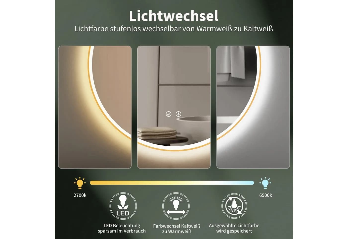 HOKO LED Badspiegel Rund Schwarz Gold Antibeschlag Touch Memory - Bild 4