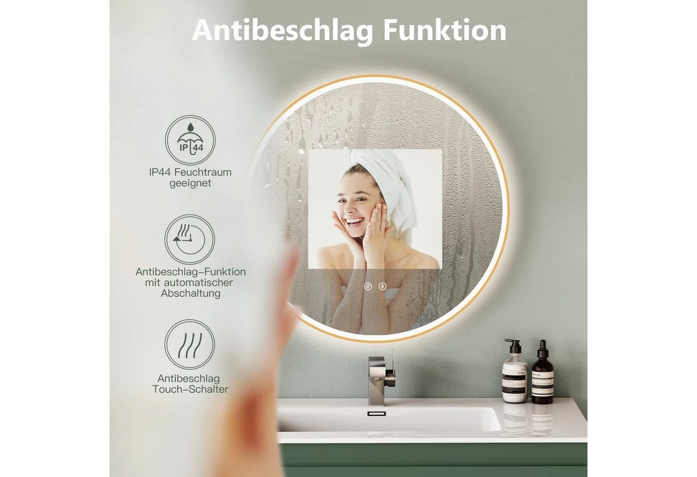 HOKO LED Badspiegel Rund Schwarz Gold Antibeschlag Touch Memory - Bild 5