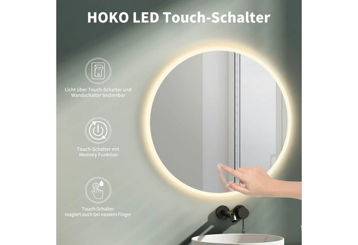 HOKO LED Badspiegel rund 80cm mit Touch-Schalter - Bild 3