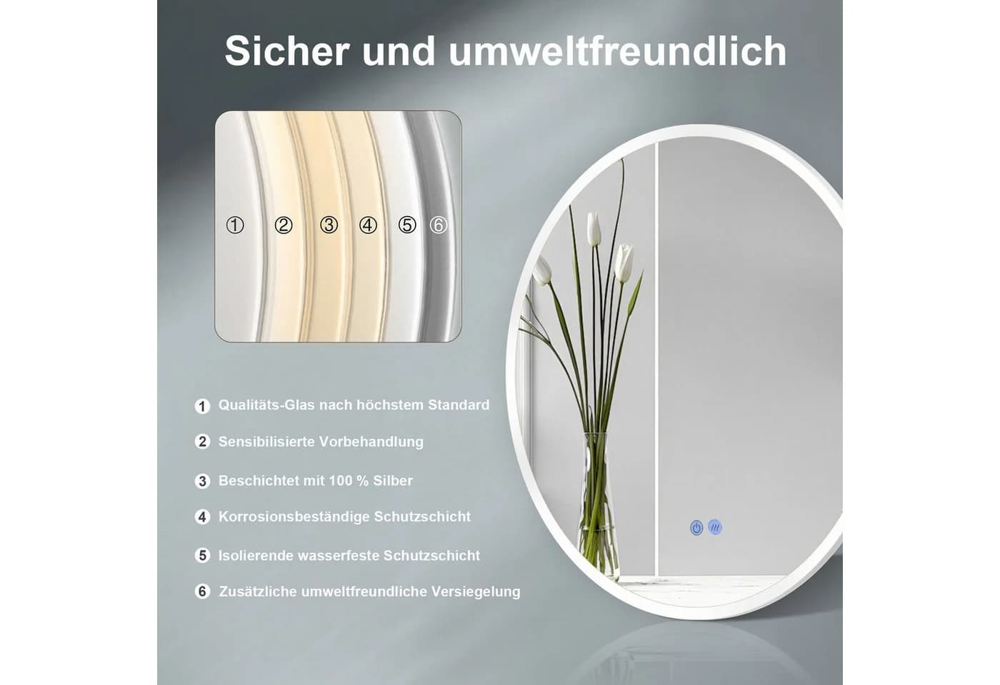 HOKO Badspiegel LED Antibeschlag Silber Touch-Schalter - Bild 3