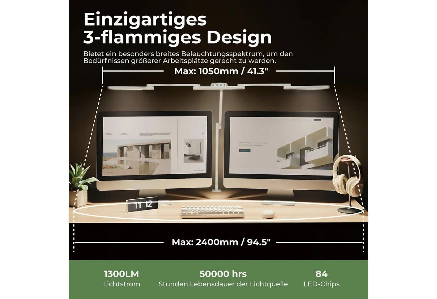 HOKO LUKAS LED Schreibtischlampe mit Klemme, Weiß, Dimmbar