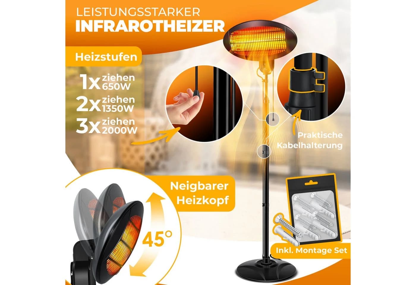 KESSER Infrarot Heizstrahler 2000W höhenverstellbar IPX4 Schwarz - Bild 2