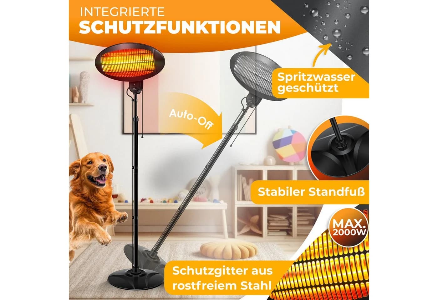 KESSER Infrarot Heizstrahler 2000W höhenverstellbar IPX4 Schwarz - Bild 4