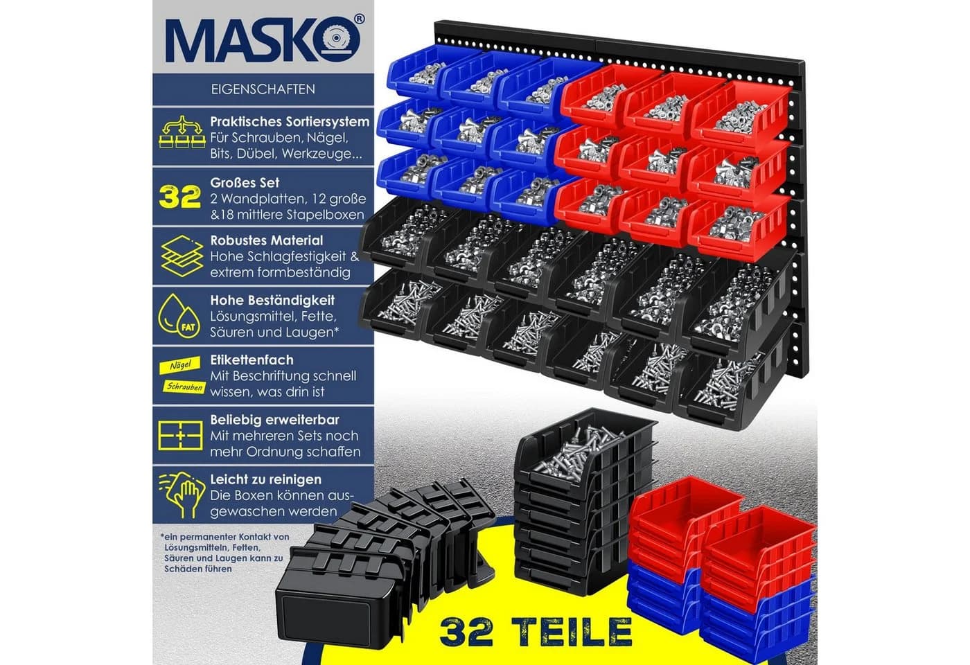 MASKO Stapelboxen-Set 32tlg. Wandregal Schwarz/Rot