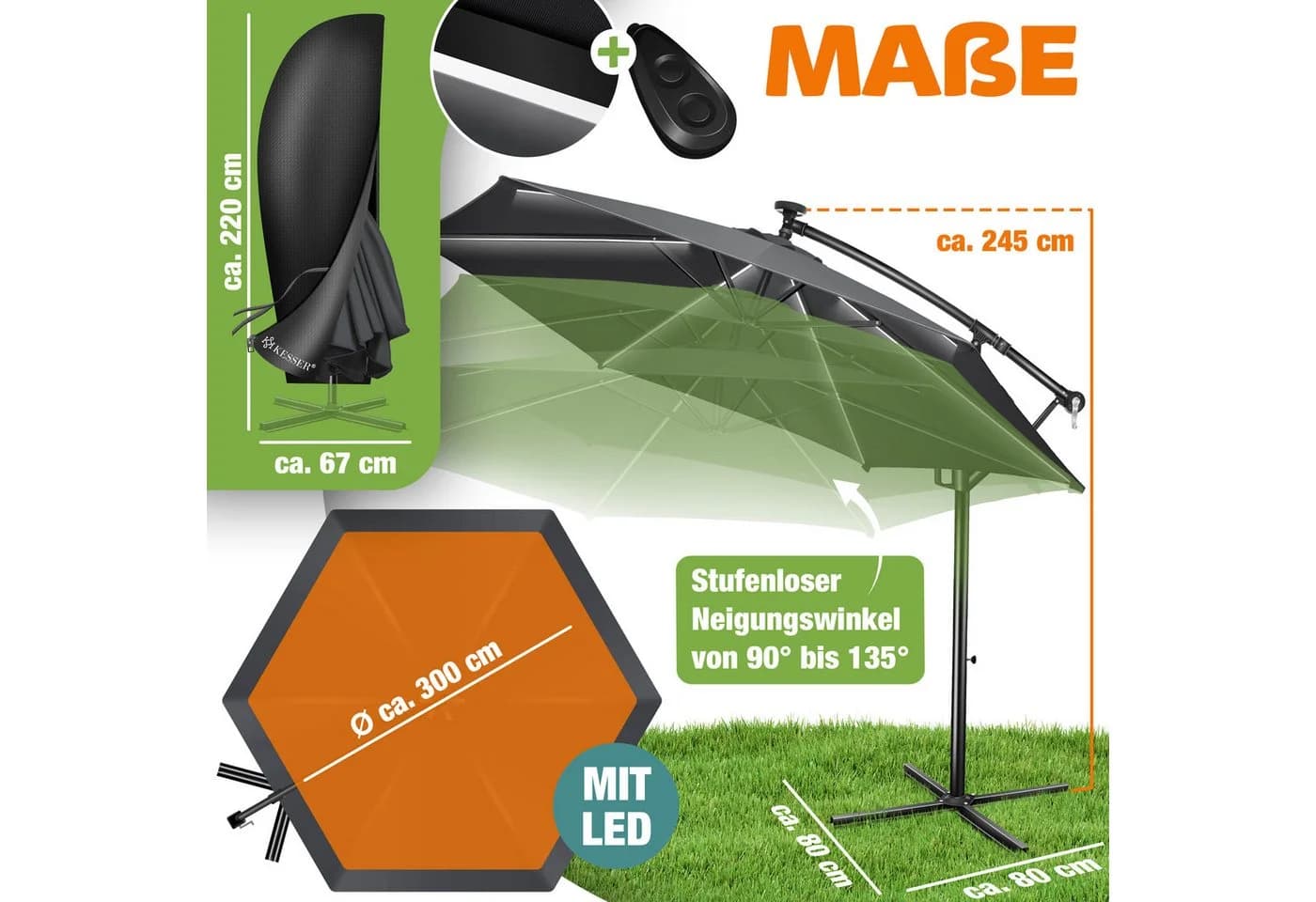 KESSER Ampelschirm LED Solar 350cm Aluminium UV-Schutz - Bild 2