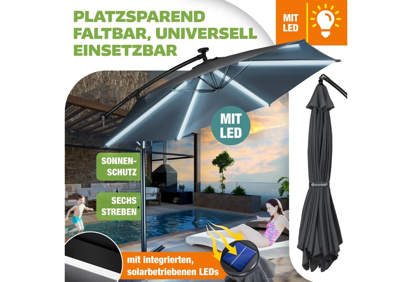 KESSER Ampelschirm LED Solar 350cm Aluminium UV-Schutz - Bild 5