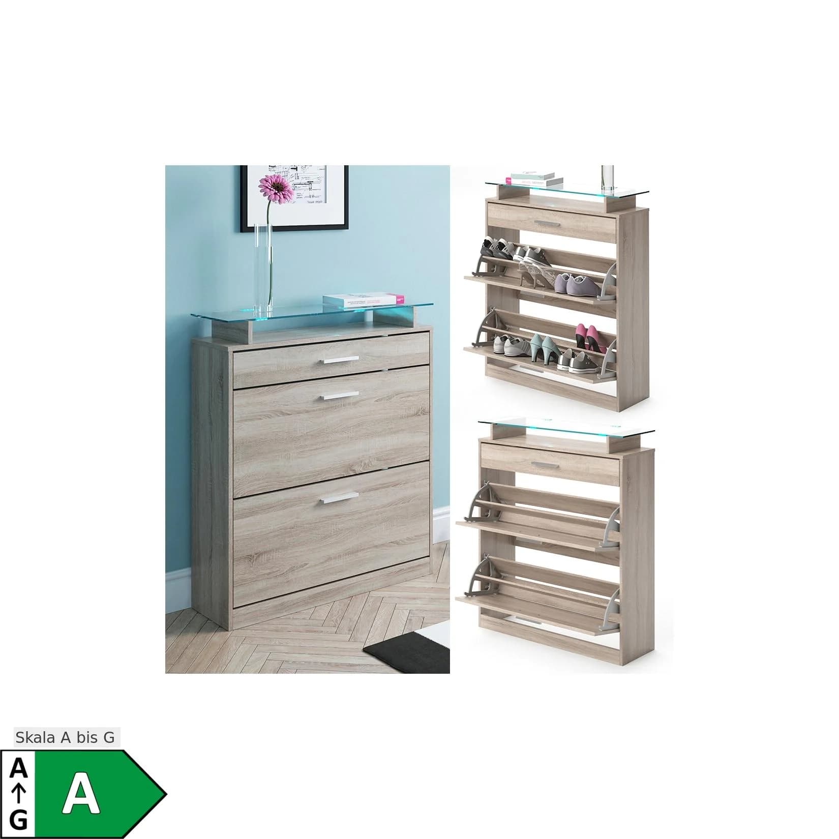 Vicco Schuhkipper Alex LED Schuhschrank Weiß Hochglanz / Sonoma