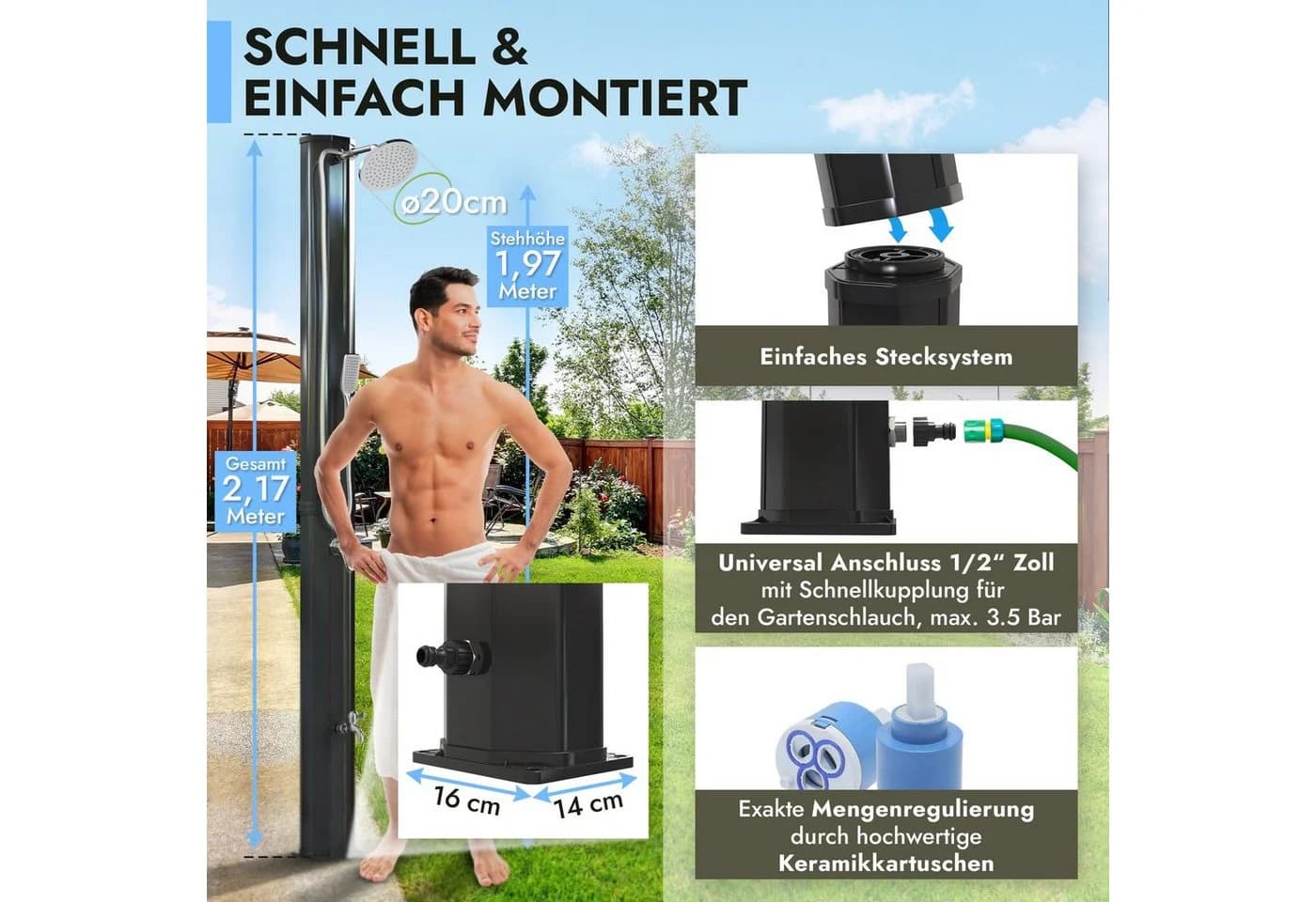 dirks-traumbad Gartendusche Solar 35L Schwarz mit Handbrause - Bild 4