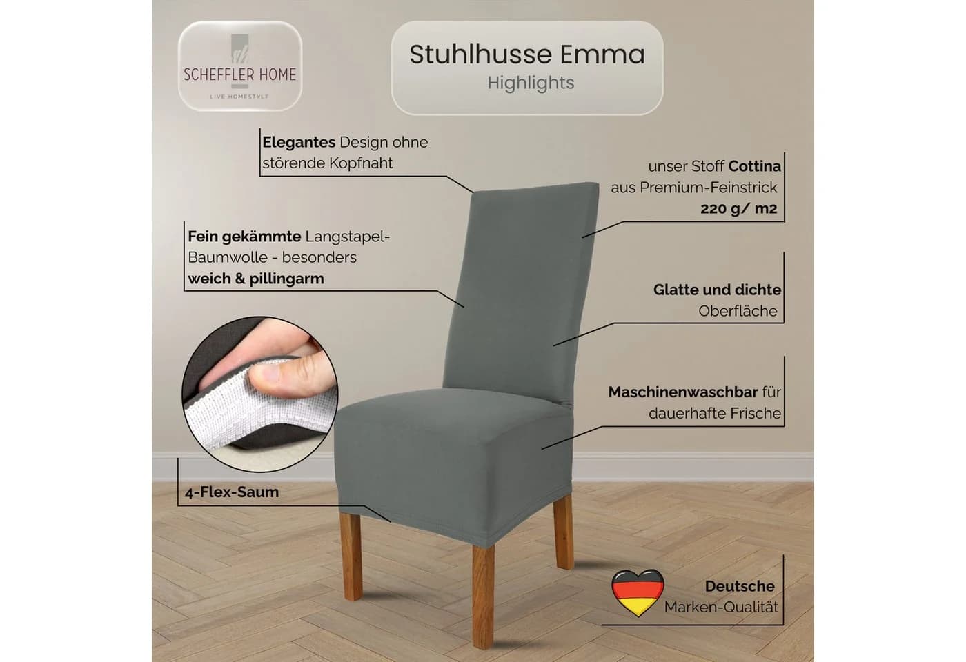 Scheffler Home Stuhlhusse Emma Grau Elastische Baumwolle - Bild 3