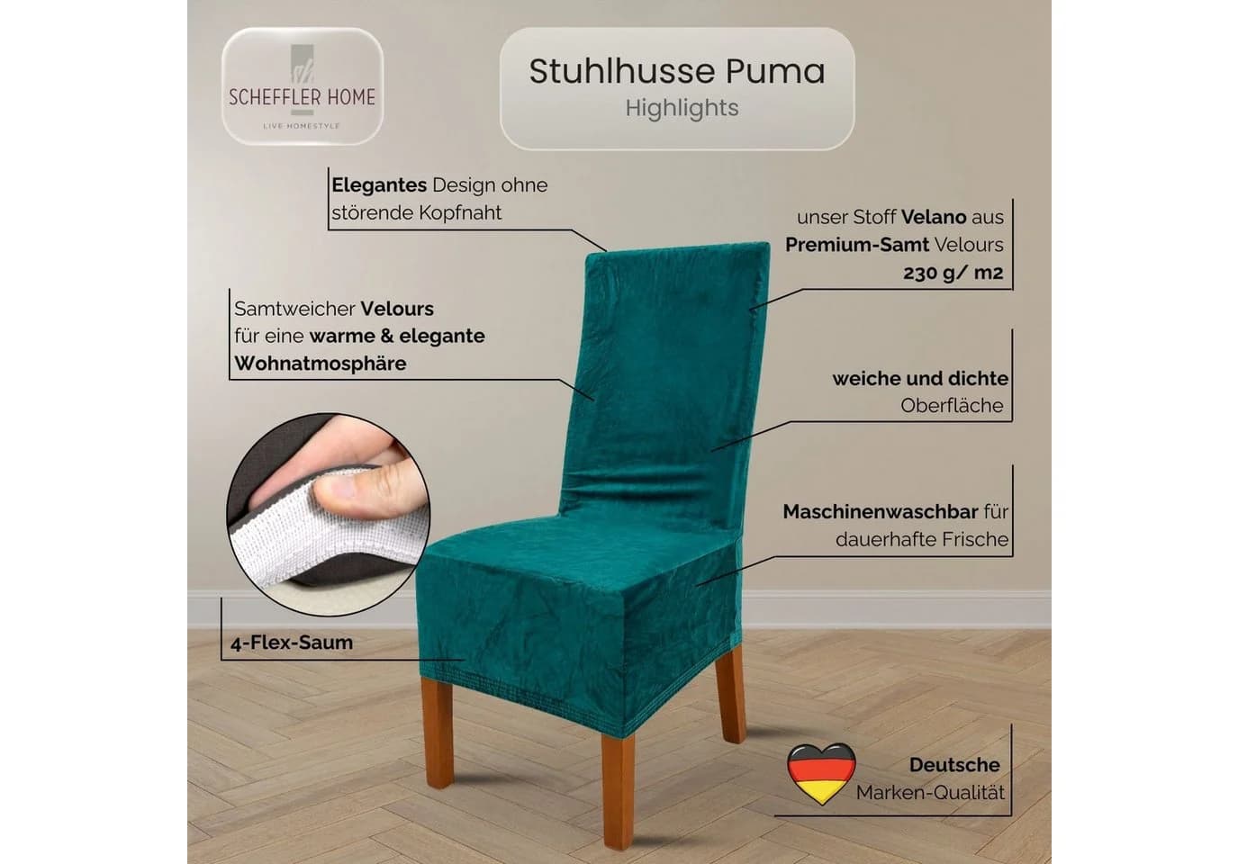 Scheffler Home Stuhlhusse Puma Lang Türkis Samt-Optik Elastisch - Bild 3