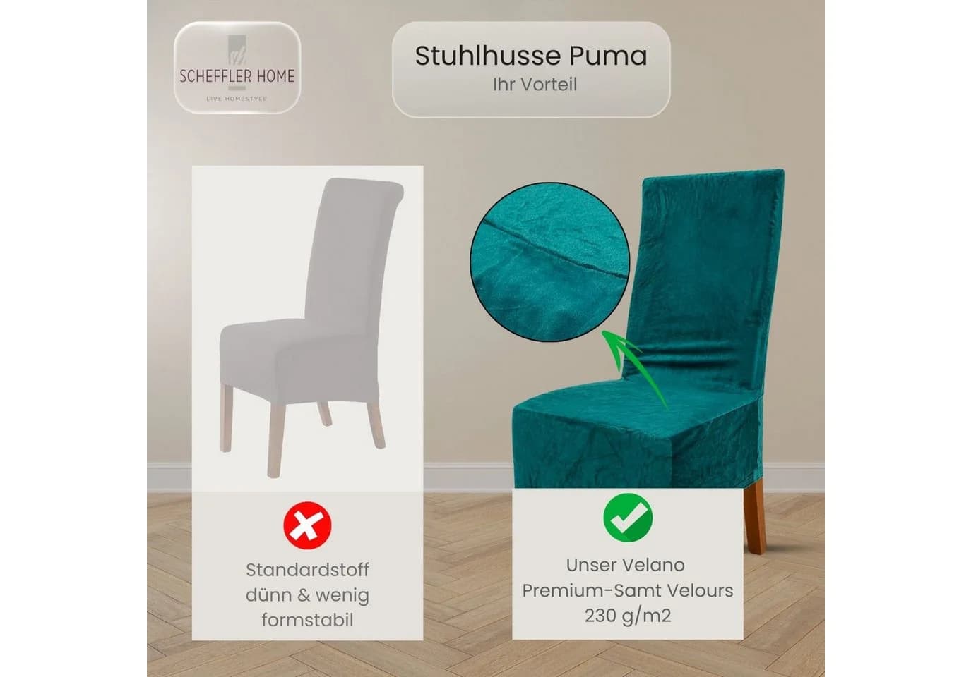 Scheffler Home Stuhlhusse Puma Lang Türkis Samt-Optik Elastisch - Bild 4