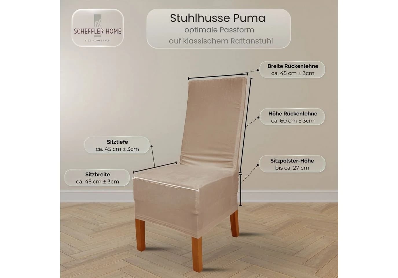 Scheffler Home Stuhlhusse VelvetFit Puma – Elastischer Stuhlbezug für Große Stühle